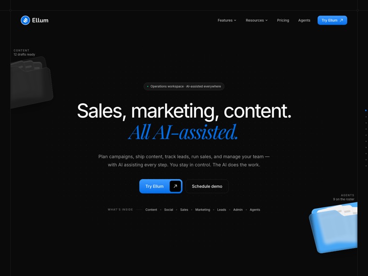 The Ellum.ai homepage, a source site queued for import